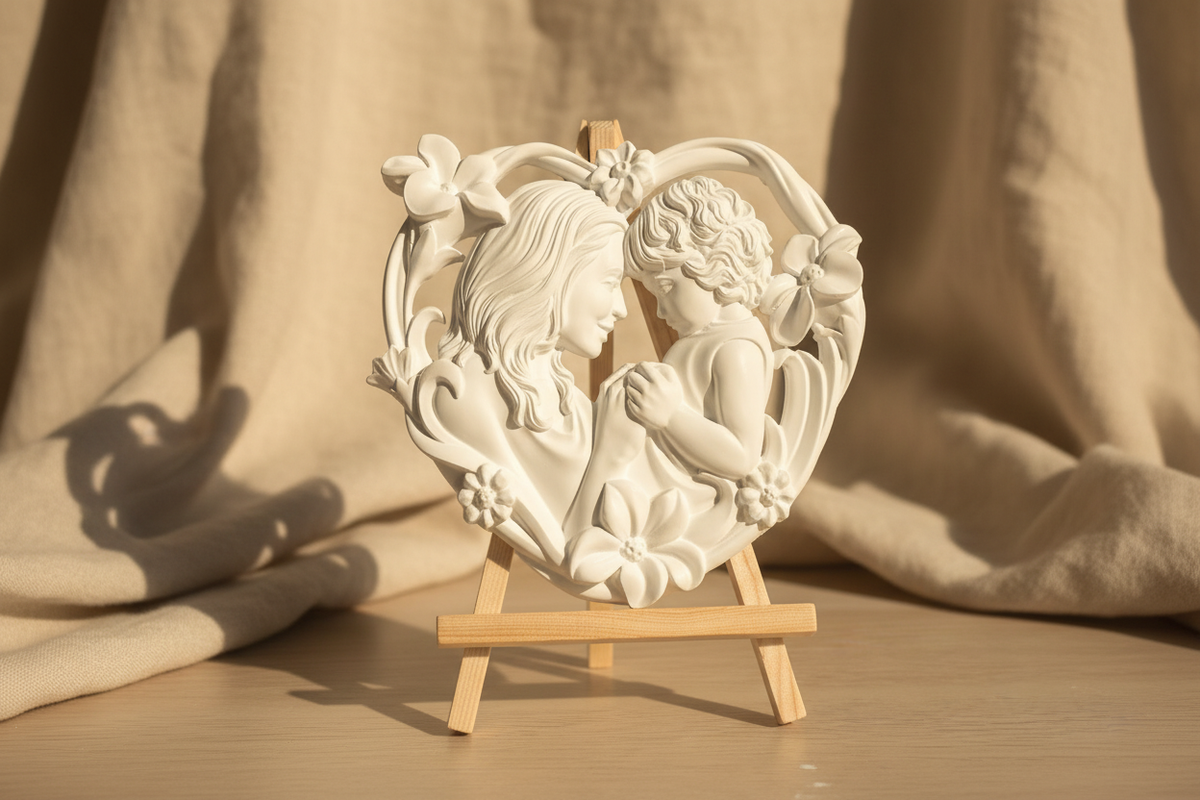 Sculpture cœur maman et enfant en résine blanche sur chevalet bois