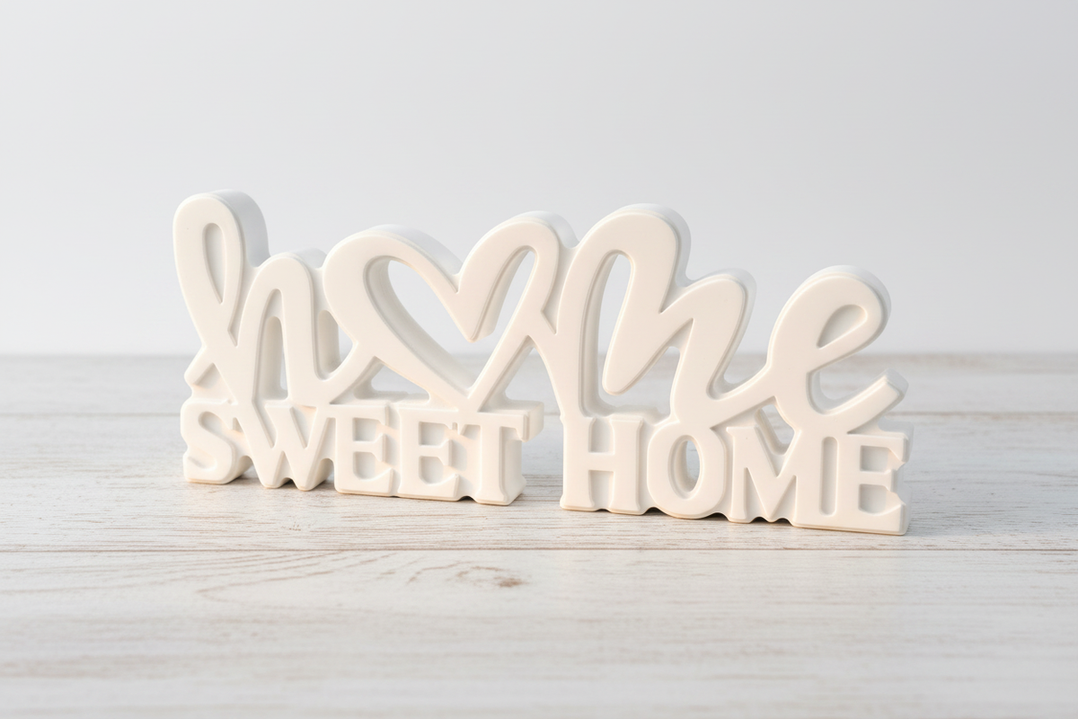 Décoration HOME Sweet Home en résine blanche sur chêne blanchi