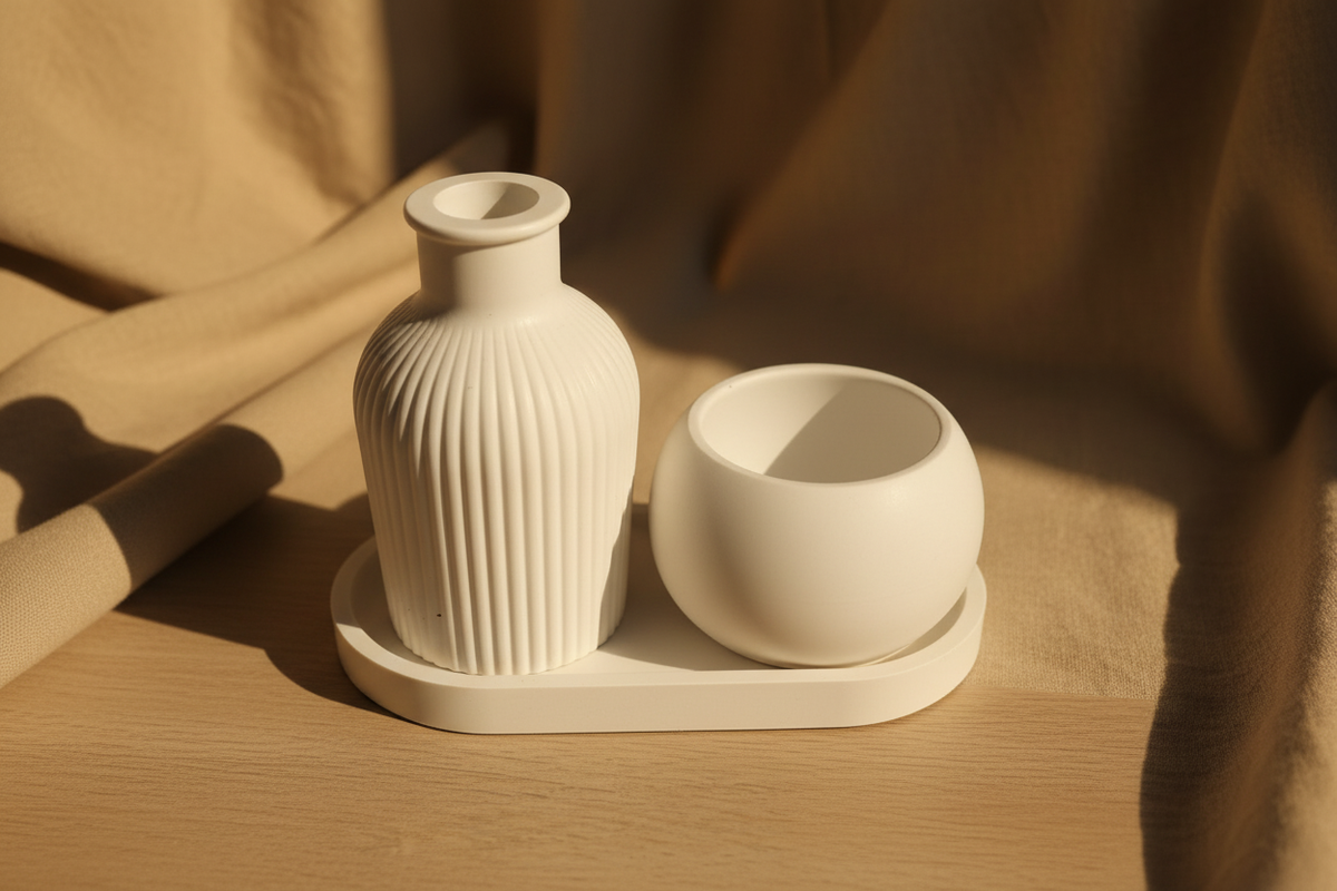 Mini set décoration résine blanche – plateau ovale, vase et bol